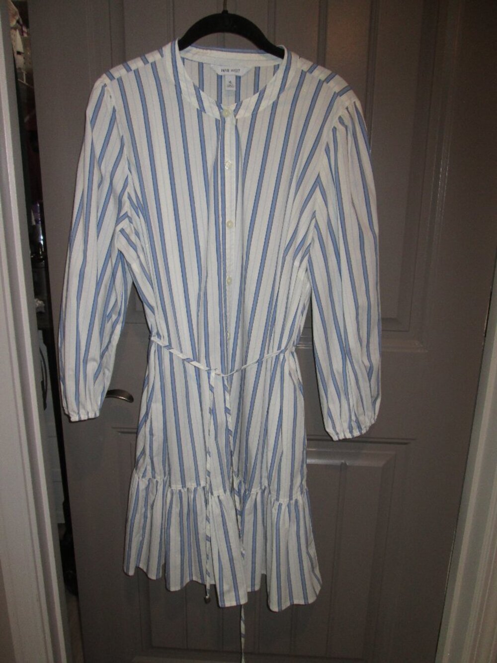 Nine West Size XL LS Blue/White Strip Button Down Shirt Dress w/Banded Collar